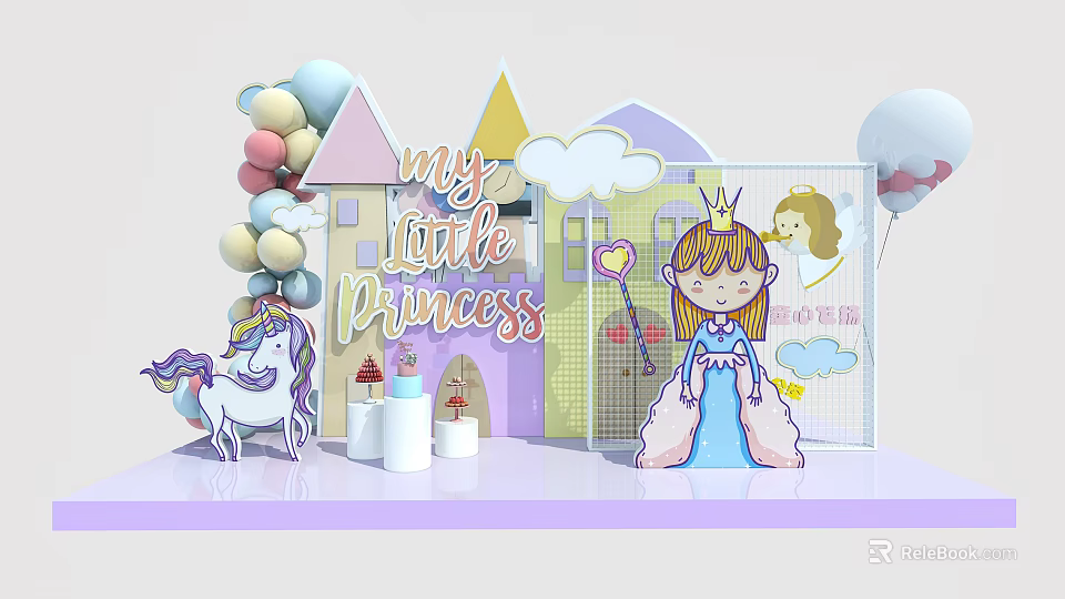 Princess Themed Kids Party Decoration With Unicorn Balloons Castle And Princess Figure 3d model 