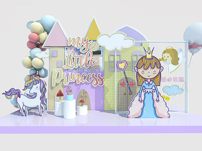 Princess Themed Kids Party Decoration With Unicorn Balloons Castle And Princess Figure 3d model