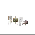 Elegant Display of Musical Instruments and Art Supplies with Paintings on Wooden Easels