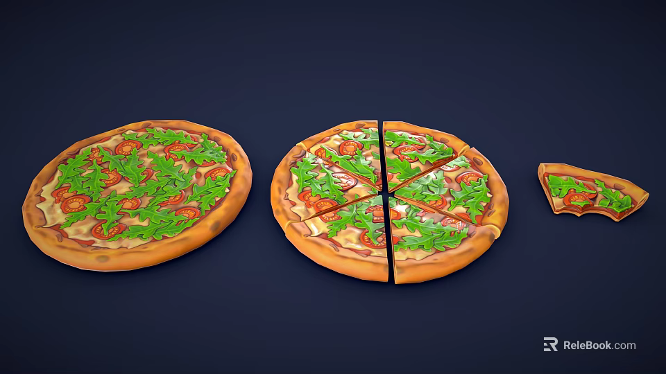 Fresh Italian Pizza with Tomato and Arugula Toppings Whole and Sliced with Extra Piece 3d model 