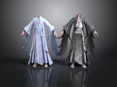 Traditional Hanfu Robes In Blue And Black With Flowing Sleeves And Sashes 3d model