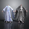 Traditional Hanfu Robes In Blue And Black With Flowing Sleeves And Sashes
