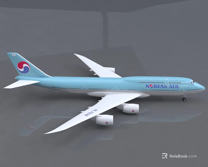 Korean Air Light Blue Passenger Airplane Model With Four Engines And Tail Logo 3d model 