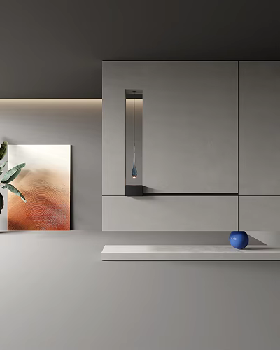 Modern Minimalist Entryway Design With Gray Walls Pendant Light Decorative Painting And Blue Decorative Item 3d model