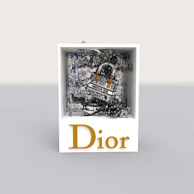 Stylish Dior Window Display Featuring Luxury Handbag With Lock And Decorative Patterns 3d model
