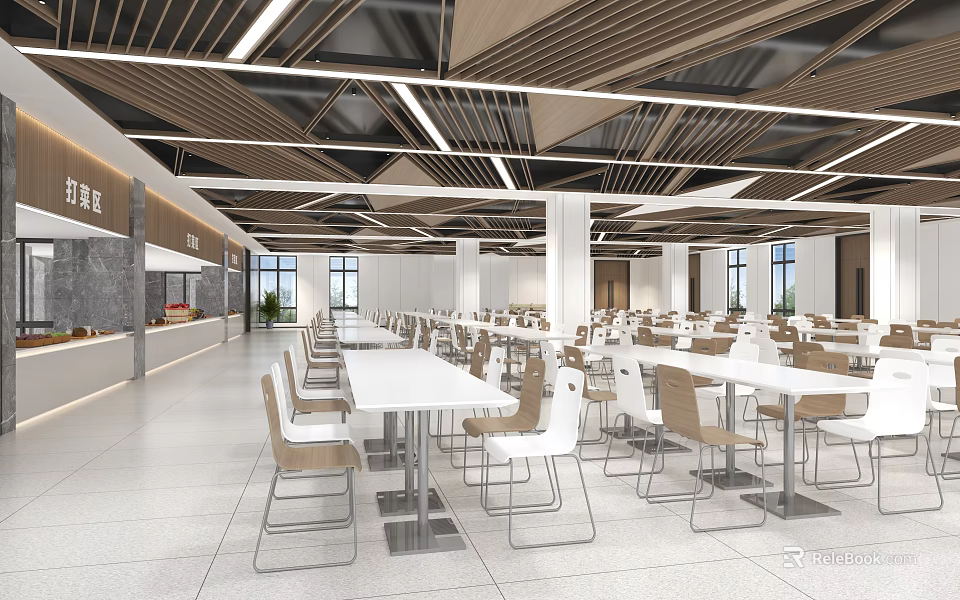 Modern Restaurant Interior Design With White Tables Beige Chairs And Slatted Ceiling 3d model