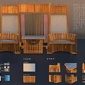 Bamboo Table and Chair Set with Traditional Chinese Screen and Cushioned Seats