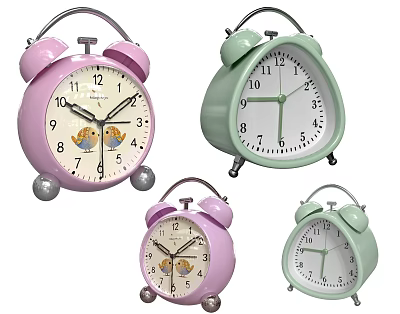 Cute Pink And Light Green Alarm Clocks With Bird Designs On Dials 3d model