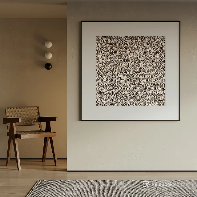 Modern Interior Featuring Abstract Pattern Artwork Wooden Chair and Wall Lighting 3d model