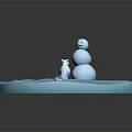 Child Playing With Snowman And White Kitten On Blue Snowy Ground