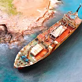 Old Rusty Wooden Ship Stranded Near Rocky Shore In Blue Sea Water