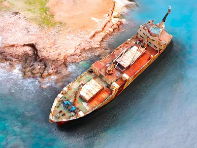 Old Rusty Wooden Ship Stranded Near Rocky Shore In Blue Sea Water 3d model Old Rusty Wooden Ship Stranded Near Rocky Shore In Blue Sea Water 3d model