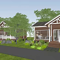 Wooden Guesthouse With White Railings Porch Surrounded By Green Lawn Trees Plants Stone Path Front