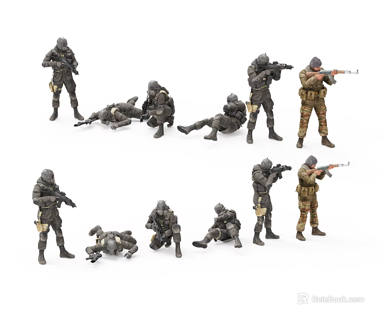 Realistic Military Action Figures With Various Poses Standing Kneeling Lying Holding Weapons 3d model 