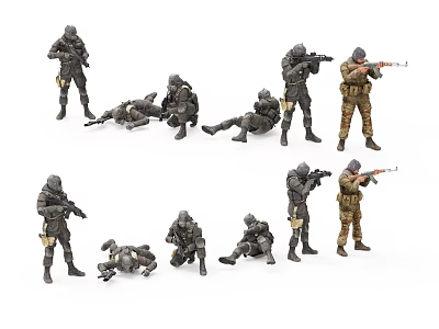 Realistic Military Action Figures With Various Poses Standing Kneeling Lying Holding Weapons 3d model