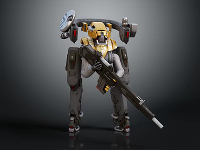 Smart Machine Humanoid Mechanical Structure With Gold Gray Color And Rifle 3d model