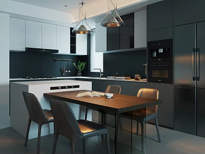 Modern Restaurant Kitchen Interior Design With Wooden Dining Table Chairs Pendant Lights Appliances And Cabinets 3d model