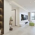 Modern Living And Dining Room Interior With White Walls Sofa Green Stool And Window Curtains