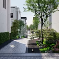 Serene Garden Landscape with Patterned Stone Pathway Hedges Trees Sculpture and Evening Lighting