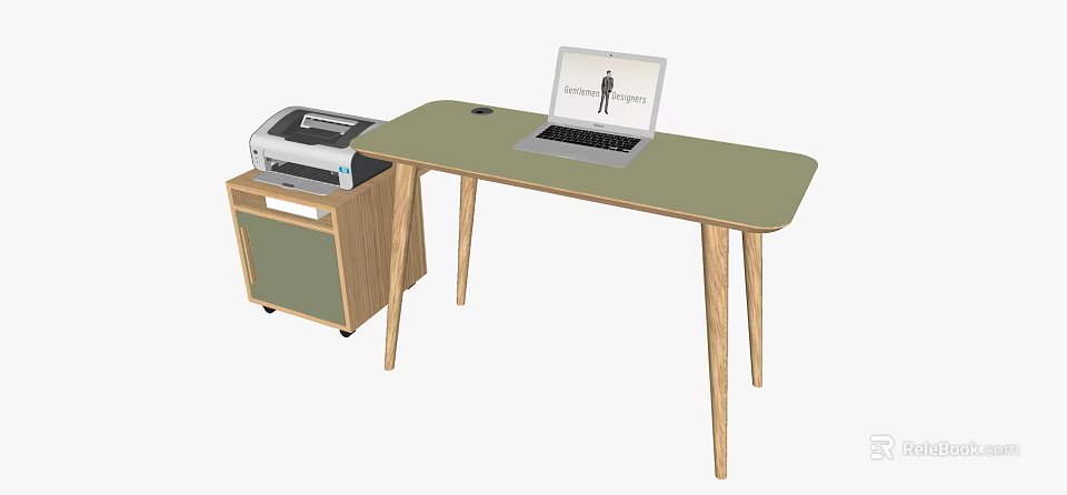 Green Top Desk With Wooden Legs And Laptop On Small Cabinet With Printer 3d model 