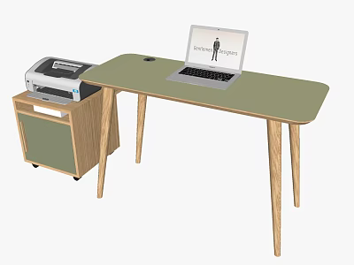 Green Top Desk With Wooden Legs And Laptop On Small Cabinet With Printer 3d model