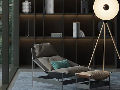 Elegant Lounge Chair With Green Cushion Ottoman And Floor Lamp In Dark Bookshelf Interior 3d model