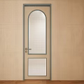 Sleek Swing Door Featuring Textured Glass Blue Frame And Gold Handle On Beige Tiled Wall