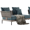 Modern Teal Sectional Sofa With Multiple Cushions Knitted Blanket And Metal Frame For Comfortable Seating