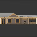Traditional Architecture with Curved Eaves Large Windows Light Gray Roof Yellow Trim and Brown Walls
