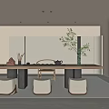 Modern Tea Room Interior With Wooden Tea Table Comfortable Stools Green Plants And Soft Lighting
