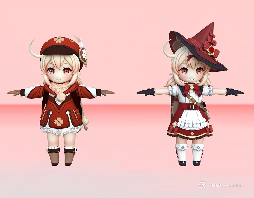 Two Cartoon Women Characters In Different Red And White Outfits With Horns And Witch Hat 3d model 