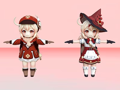 Two Cartoon Women Characters In Different Red And White Outfits With Horns And Witch Hat 3d model