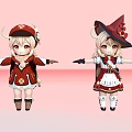 Two Cartoon Women Characters In Different Red And White Outfits With Horns And Witch Hat