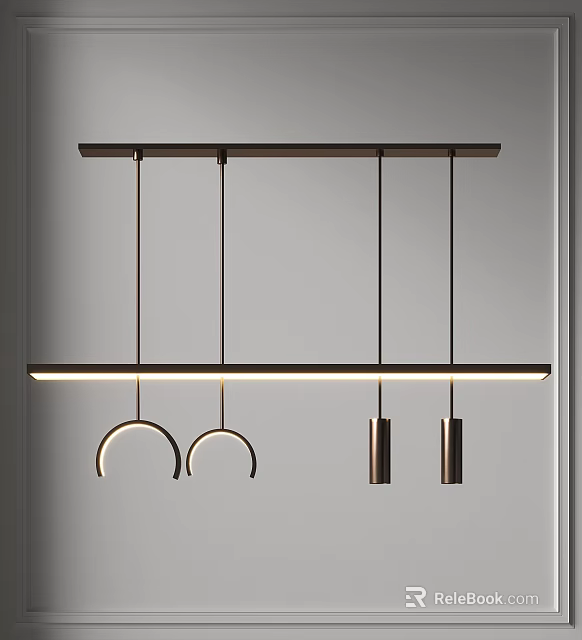 Modern Linear Chandelier With Hanging Curved And Cylindrical Metal Elements 3d model