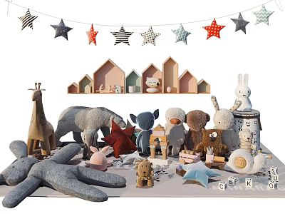 Cute Plush Animal Dolls With Soft Toys Small House Models And Star Decorations 3d model