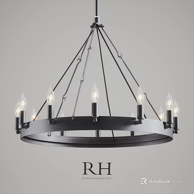 Modern Industrial Black Metal Circular Chandelier With Candle Style Bulbs And Hanging Wires 3d model 