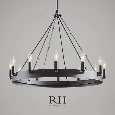Modern Industrial Black Metal Circular Chandelier With Candle Style Bulbs And Hanging Wires 3d model