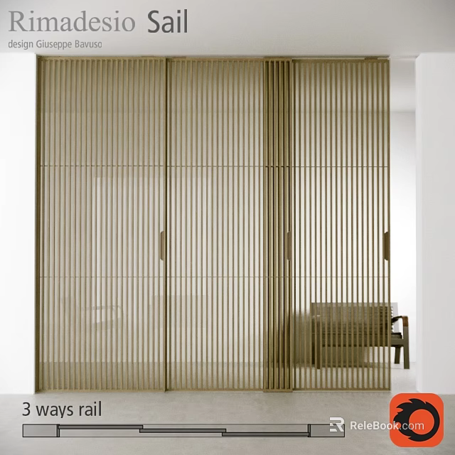 Modern Single Chair In Minimalist Space With Vertical Striped Wooden Sliding Doors 3d model 