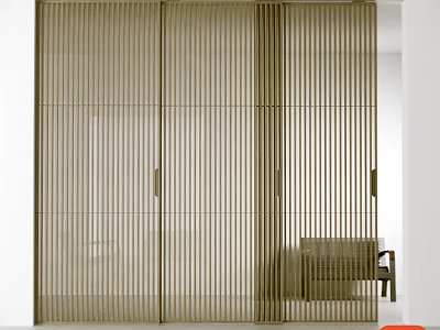 Modern Single Chair In Minimalist Space With Vertical Striped Wooden Sliding Doors 3d model