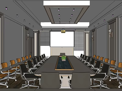 Modern Conference Room Interior Design With Long Table Chairs Projection Screen And Ceiling Lights 3d model