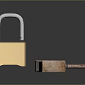 Door Handle With Brass Padlock And Rusty Lock On Black Reflective Surface 3d model
