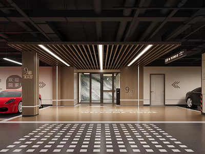 Premium Modern Underground Parking Lot With Elegant Residential Entrance Lobby And Clear Navigation Signs 3d model