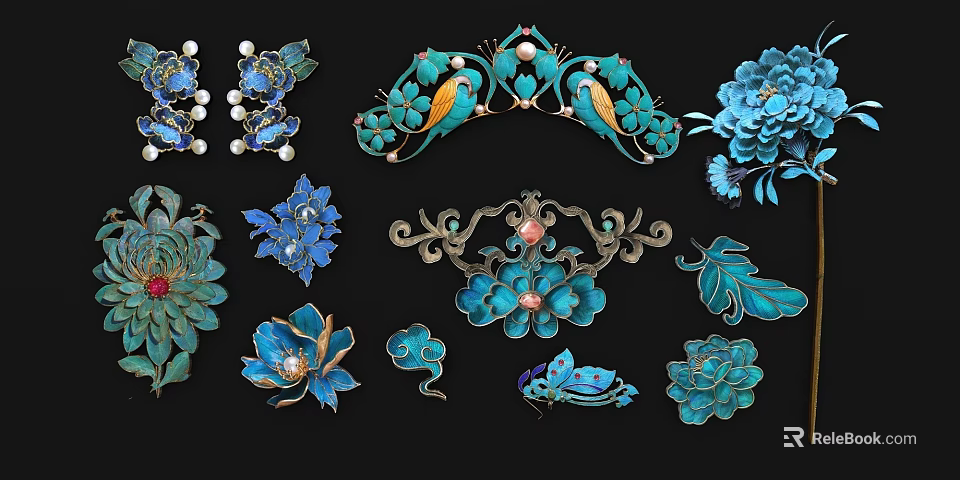 Exquisite Blue Green Wall Decor With Floral Bird Patterns And Pearl Gemstone Accents 3d model 