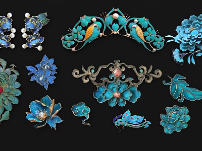 Exquisite Blue Green Wall Decor With Floral Bird Patterns And Pearl Gemstone Accents 3d model