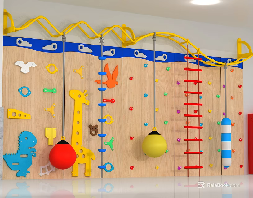 Kids Playground Equipment With Wooden Wall Colorful Climbing Elements And Cartoon Animal Decorations 3d model 