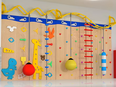 Kids Playground Equipment With Wooden Wall Colorful Climbing Elements And Cartoon Animal Decorations 3d model