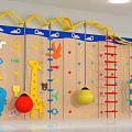 Kids Playground Equipment With Wooden Wall Colorful Climbing Elements And Cartoon Animal Decorations