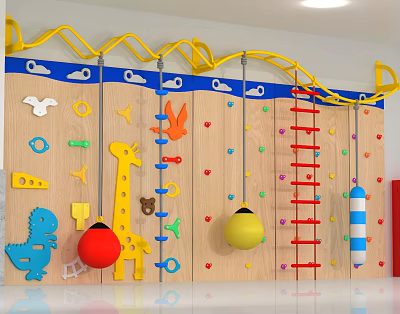 Kids Playground Equipment With Wooden Wall Colorful Climbing Elements And Cartoon Animal Decorations 3d model