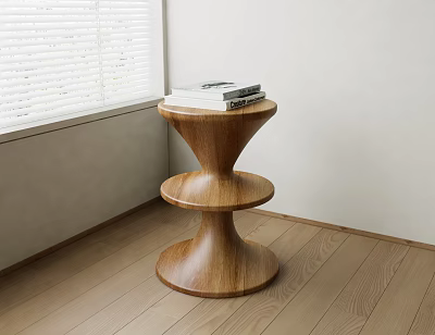 Modern Wooden Three Tier Side Table Placed By Window On Wooden Floor 3d model
