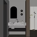 Modern Bathroom Vanity With Arched Mirror Round Wall Lights And Marble Countertop